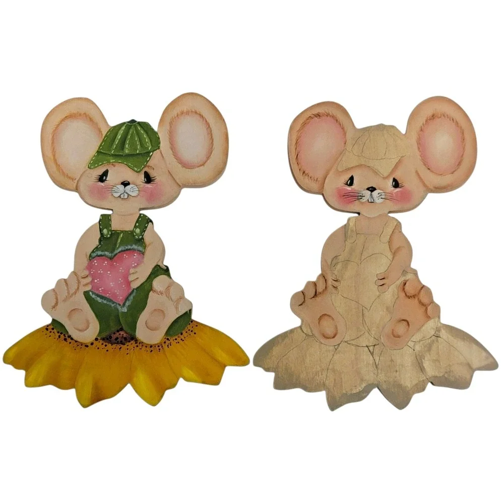 VTG 70s Mouse Sunflower Wall Art Shelf Sitter Wooden Handpainted Nursery Decor‎